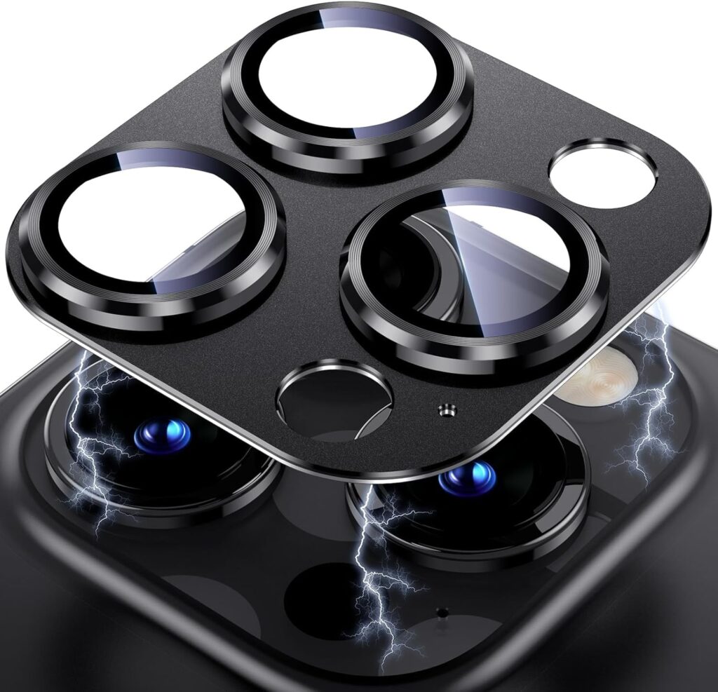 Camera Lens Protector Compatible With iPhone 13 Pro and iPhone 13 Pro Max � Full Coverage 9H Tempered Glass with Metal Plate, HD Clear, Joint Camera Ring Protector - Black