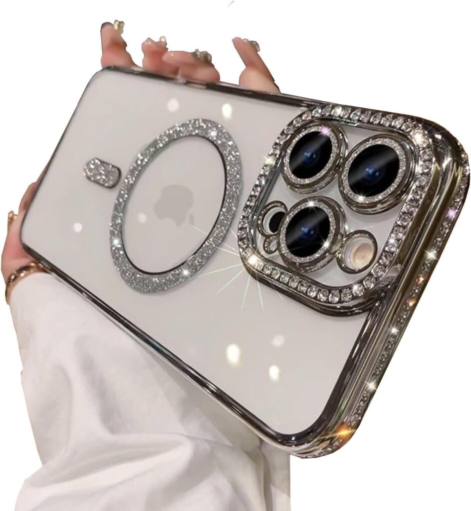 Case Compatible with iPhone 13 Pro Max, Cute Soft Clear Rhinestone Diamond Glitter Cover Women & Girls Compatible with MagSaf Camera Lens Protection Cases for iPhone 13 Pro Max (Silver)