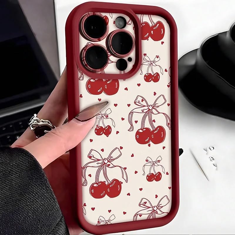 Case Creation Cute Bowknot Little Heart Pattern Cherry Printed Back Case for iPhone 11/12/13/14/15/16 Pro Max, Burgundy Fruit Kawaii Sturdy Soft Bumper Cover with Camera Protection (iPhone 16 Pro Max)