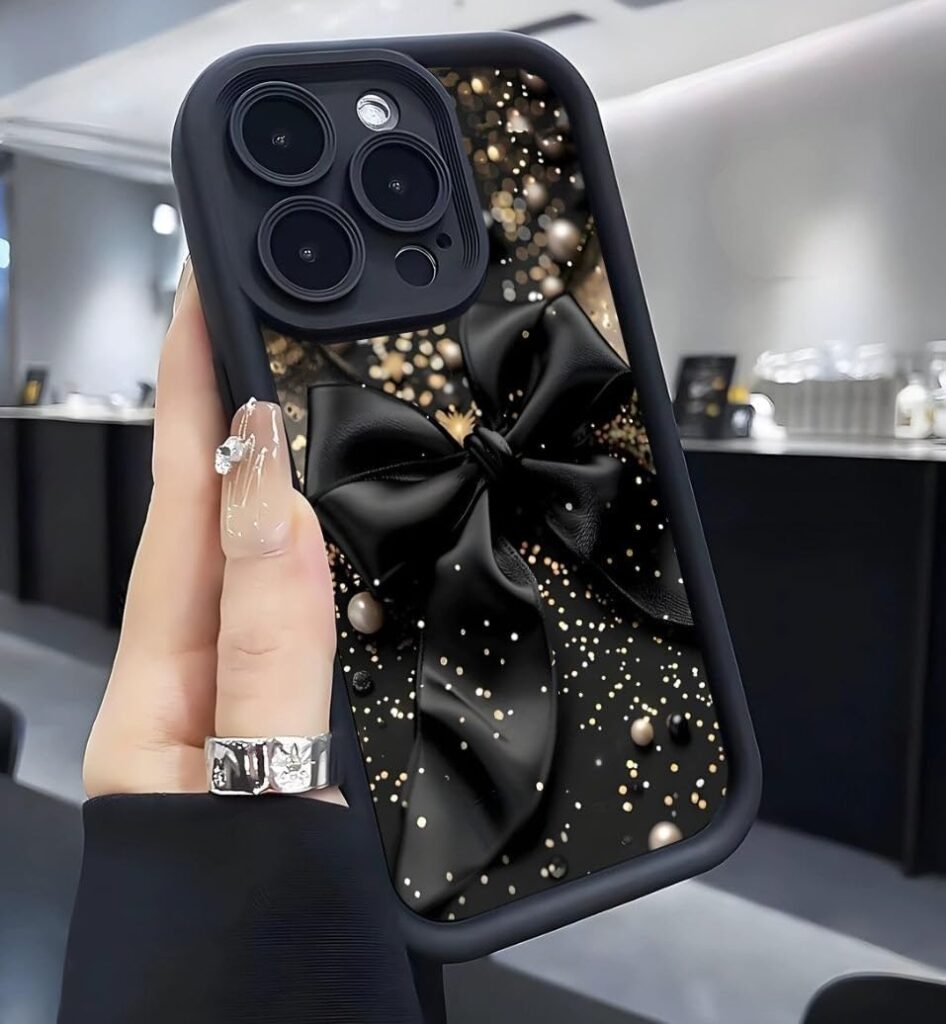 Case Creation Glitter Bling Black 3D Bow Phone Case for iPhone 11/12/13/14/15/16/17 Pro Max Air Plus Mini | Sangeet Glam Party Aesthetic Pearls Ribbon Bow Mobile Cover for Women (iPhone 13 Pro)