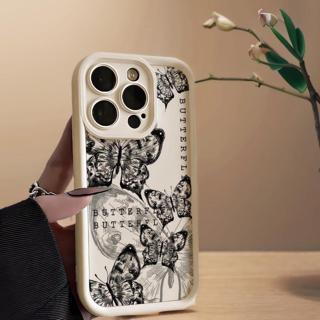 Case Creation Premium Aesthetic Vintage Butterfly Pattern Case for iPhone 11/12/13/14/15/16 Pro Max Cute Stylish Slim Soft TPU Protective Cover– Chic Style for Girls & Women (iPhone 16 Pro Max) Beige
