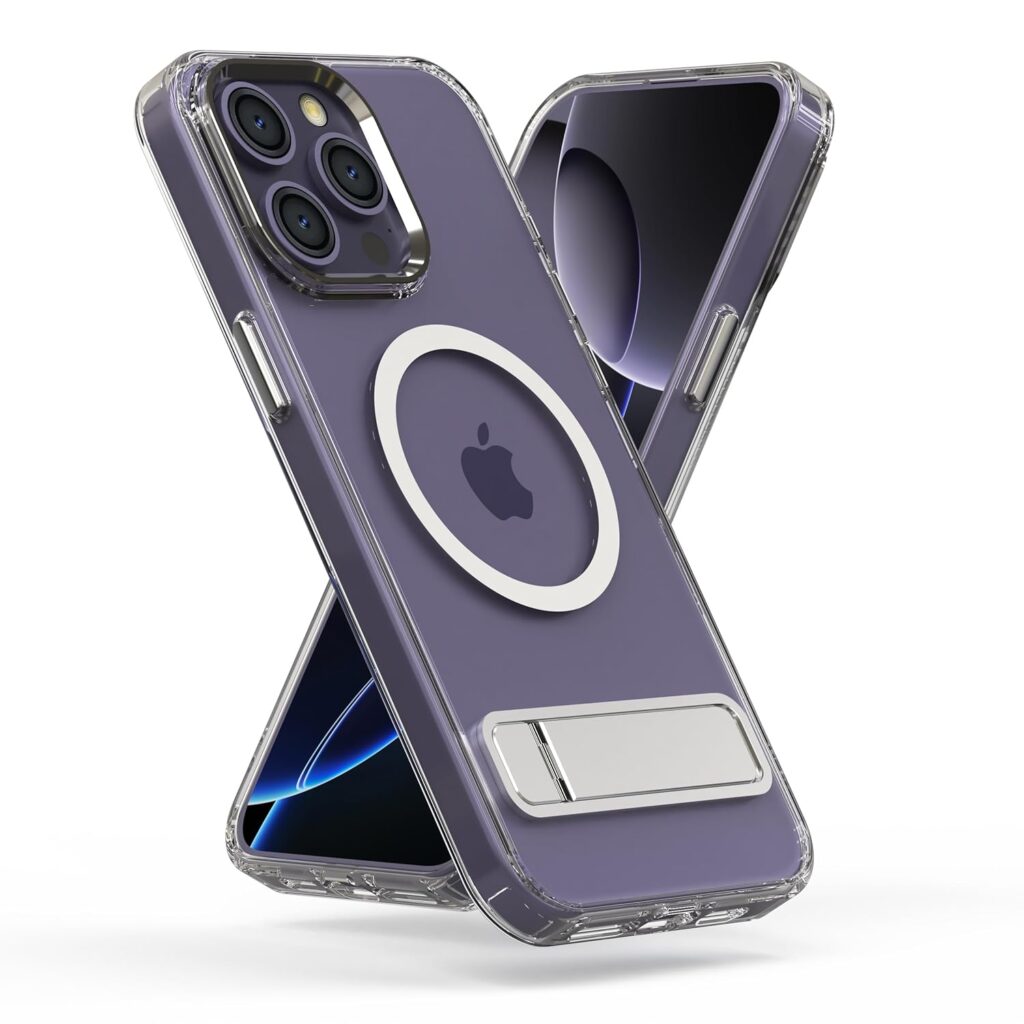 Cubix® Back Cover Case for iPhone 13 Pro Max Clear Transparent Hard PC with Foldable Metal Kickstand | Alloy Buttons | Camera Lens Protector | Magnetic Wireless | Charging Shockproof Design