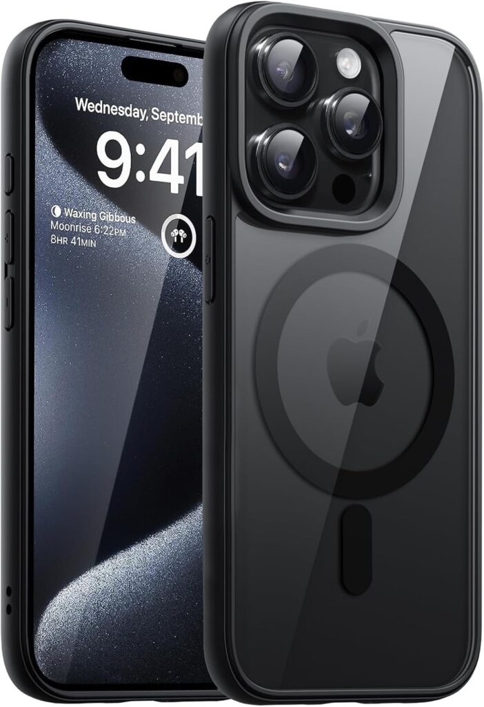 DIZORO Compatible iPhone 15 Pro Max Case,Compatible with MagSafe, Non Yellow Military-Grade Drop Protection & Hard PC Back Cover Slim Transparent Anti-Scratch Shockproof Phone Case - Black