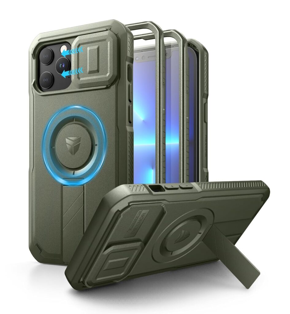 Dexnor for iPhone 13 Pro Max/12 Pro Max Case with Slide Camera Cover & Adjustable Kickstand & Built-in Screen Protector, Rugged Bumper Cases Heavy-Duty Mangetic Protective Cover,Army Green