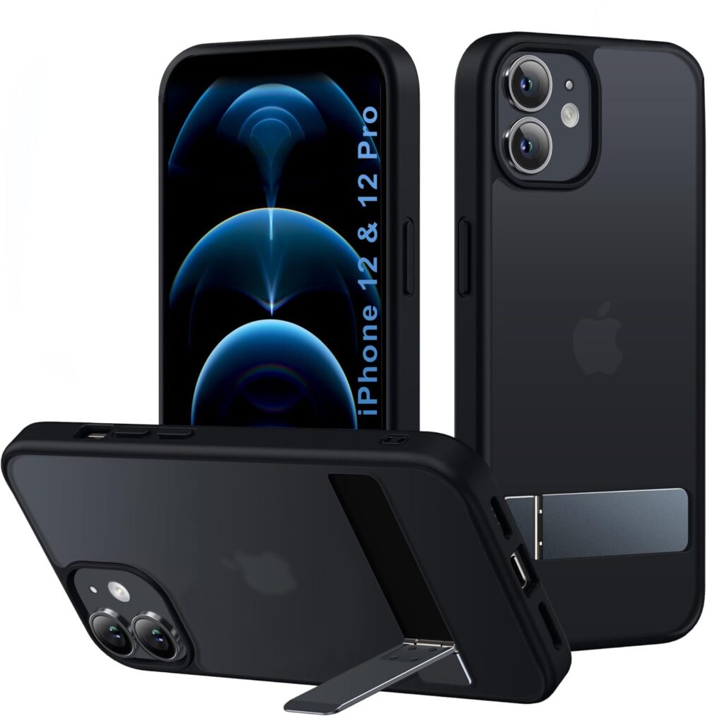 EGOTUDE Frosted Translucent Polycarbonate Hard Back Cover Case with Stand for iPhone 12 & 12 Pro (Frost Black)