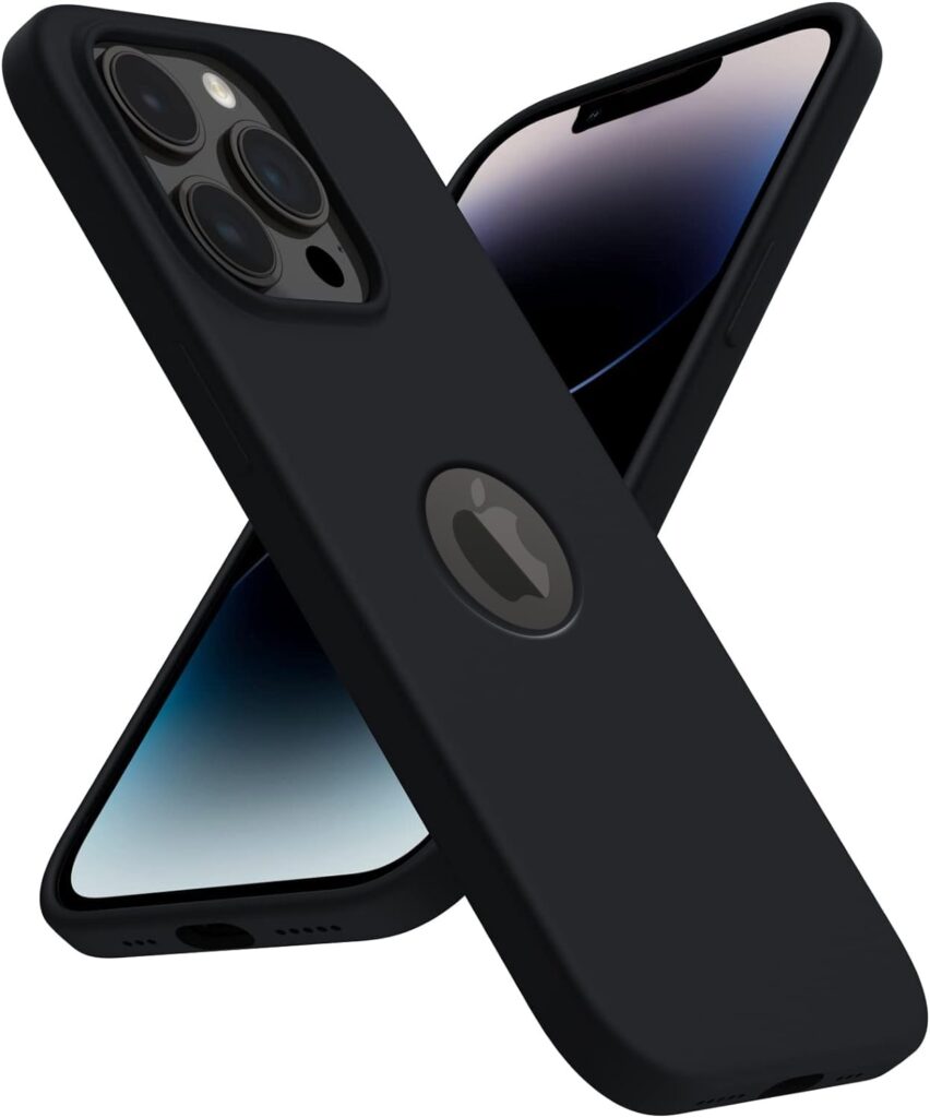 Elzzi Microfiber Logo Cut Cover Compatible for iPhone 13 Pro Max Case Cushion Liquid Soft Silicone Gel Rubber Phone Non-Slip Full Body Protective Shockproof Back Cover 6.7 inch, Black