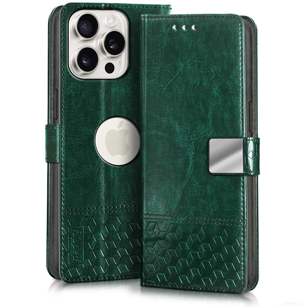 FLIPPED Hand Stitched Honeycomb Dual Design Back Flip Cover Case for Apple iPhone 15 Pro Max (Shock Proof | Leather Finish | Wallet Case Card Holders & Stand) - Tanned Green