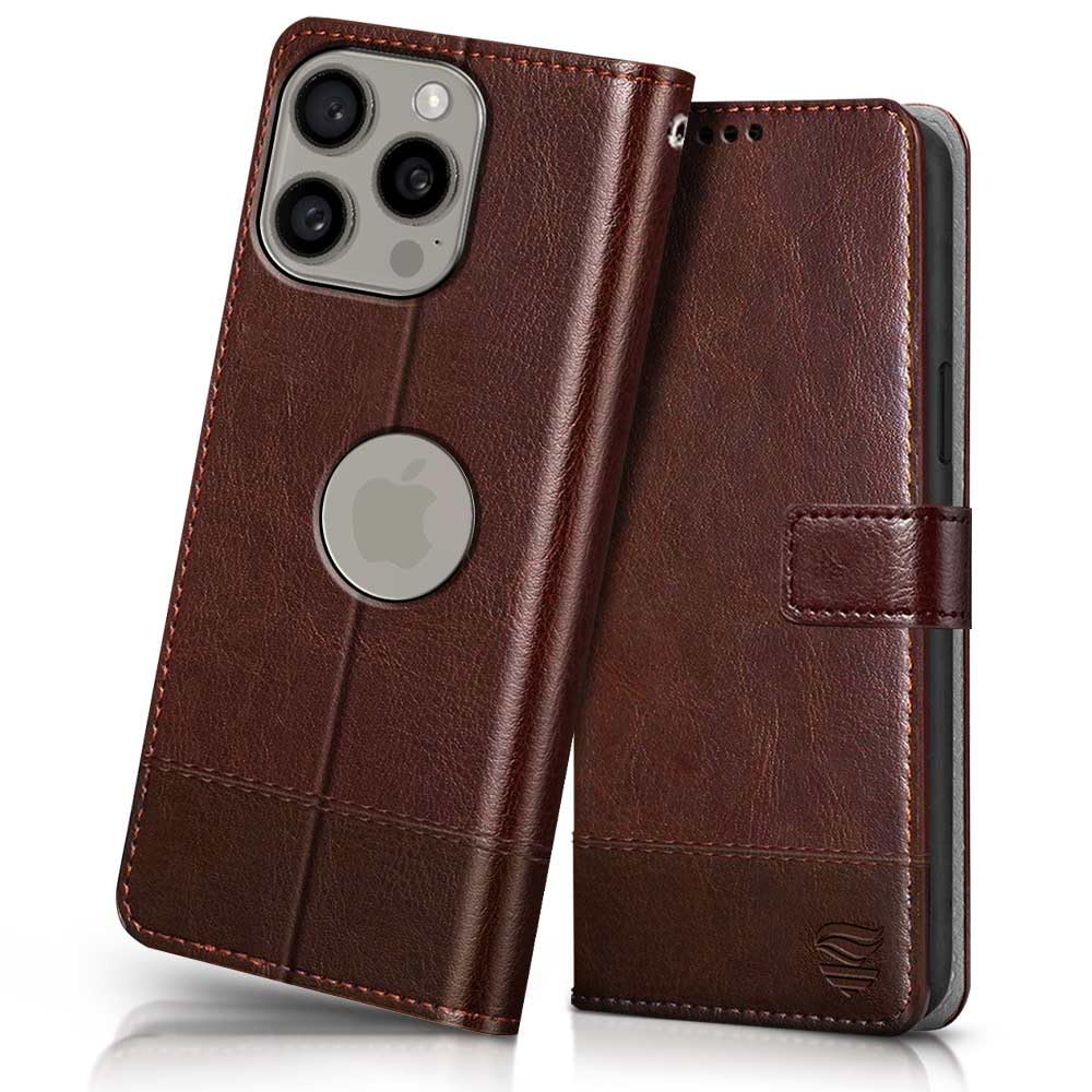 FLIPPED Vegan Leather Flip Case Back Cover for Apple iPhone 15 Pro Max (Flexible, Shock Proof | Hand Stitched Leather Finish | Card Pockets Wallet & Stand | Tan with Brown)