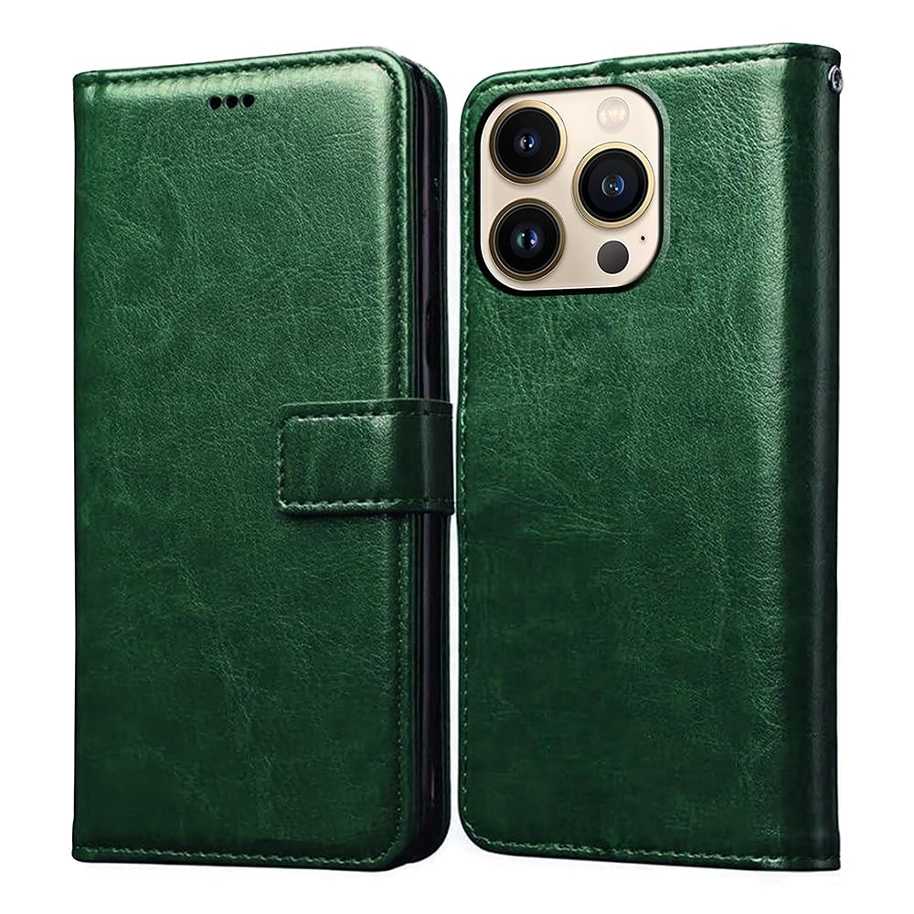 Flip Cover Back Case for Apple iPhone 13 Pro | Premium Leather Finish | Inbuilt Pockets & Stand | Flip Cover Back Case for Apple iPhone 13 Pro (Green)