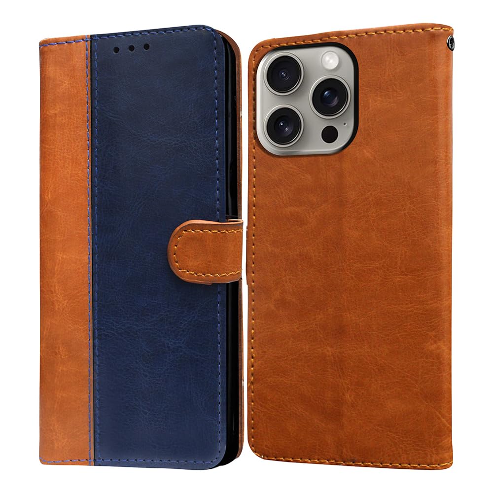 Flip Cover Back Case for Apple iPhone 15 Pro | Premium Leather Finish | Inbuilt Pockets & Stand | Flip Cover Back Case for Apple iPhone 15 Pro (CamelBlue)