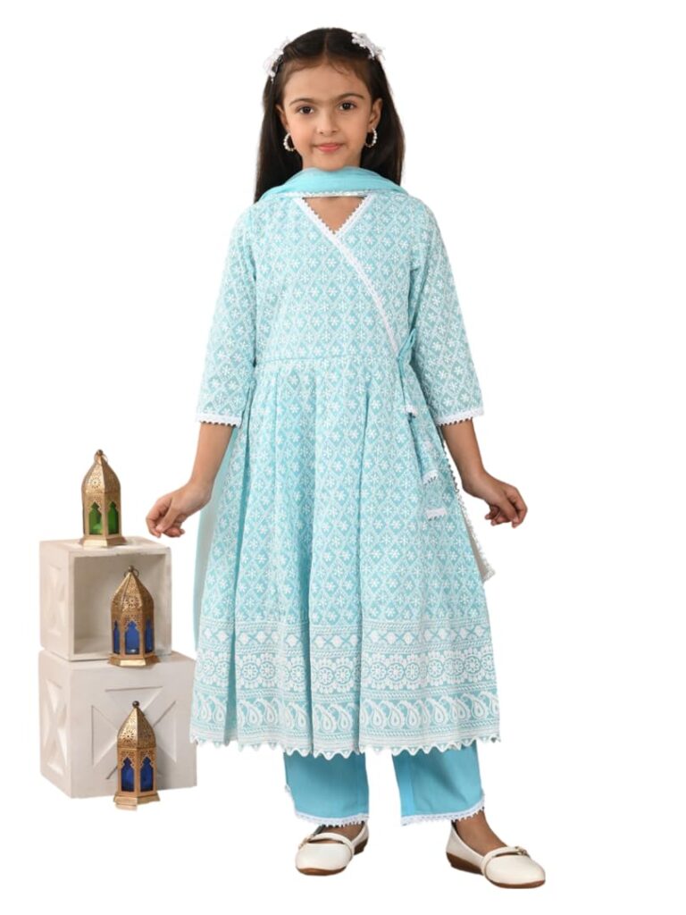 Girls' Angrakha Anarkali Dress Set with Palazzo and Dupatta, Traditional Geometric Print, 3/4 Sleeves, Cotton, 2-16 Years