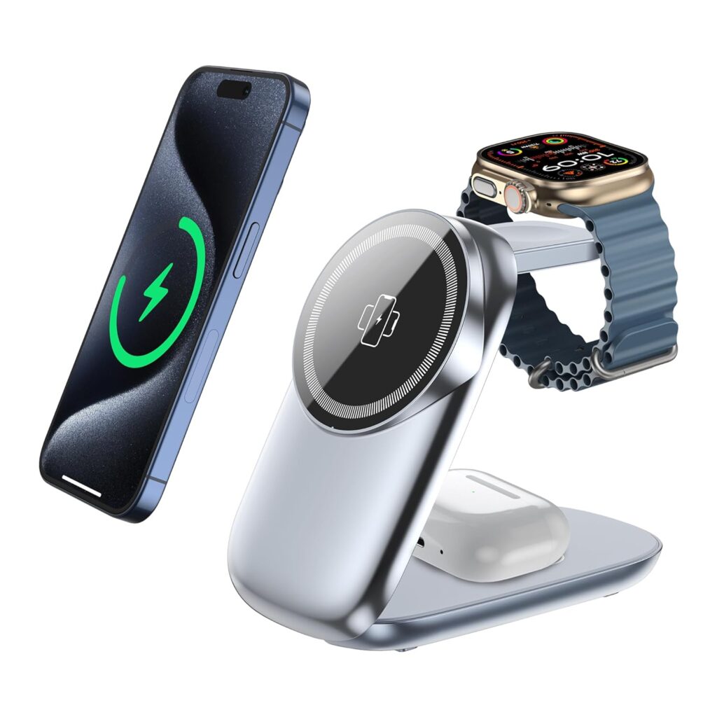 Glassology magsafe 3 in 1 22.5W Wireless Charger Compatible with iPhone 17/17 Air/ 17 Pro/ 17 Pro Max 16 Pro/16 Pro Max,16/15/14/13/12, Airbuds 3rd/2nd gen, for Apple Watch, Sleak Wireless Charger