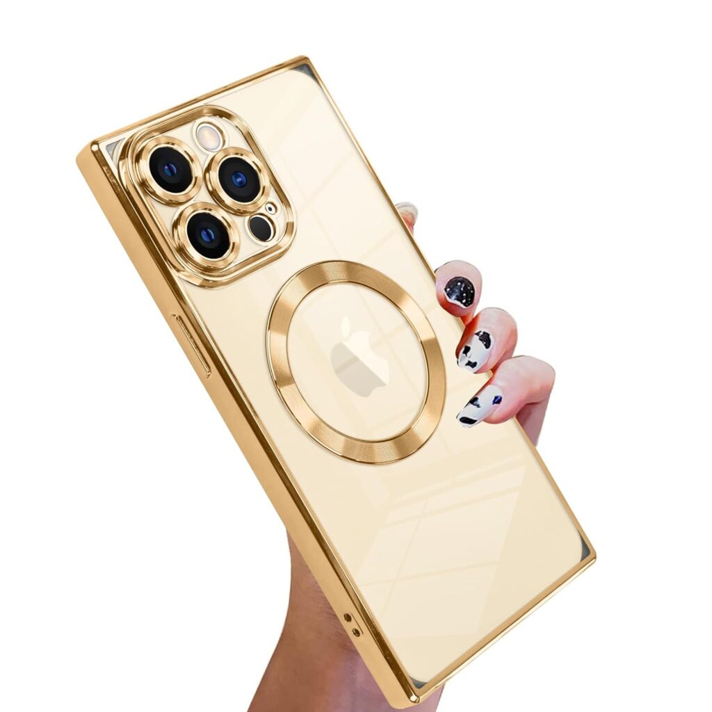 KANGHAR Case Designed for iPhone 15 Pro Case Square Magnetic Clear with Camera Lens Protector[Compatible with MagSafe] Luxury Cute Plating Design Full-Body Shockproof Protection Cover Gold