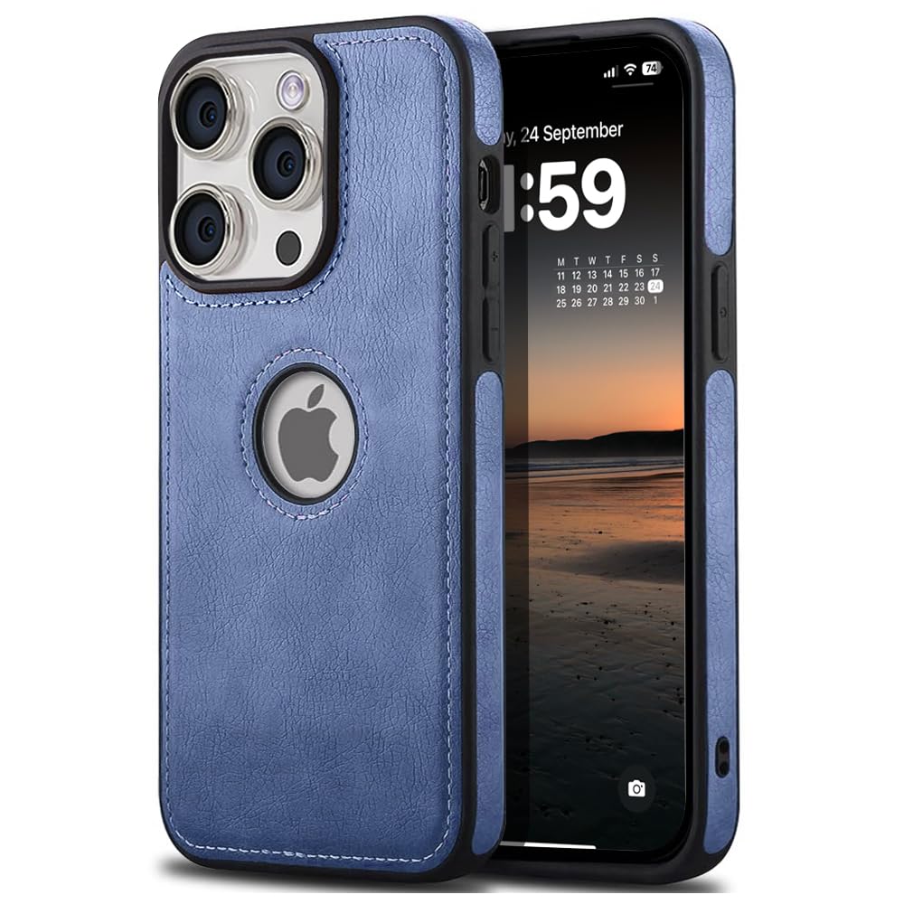 KARWAN®️ Genuine Leather Finish iPhone 15 Pro Back Cover Case |Shockproof Design |Raised Edges for Camera & Screen Protection |Super Soft - Touch |Leather Case for iPhone 15 Pro(Blue)