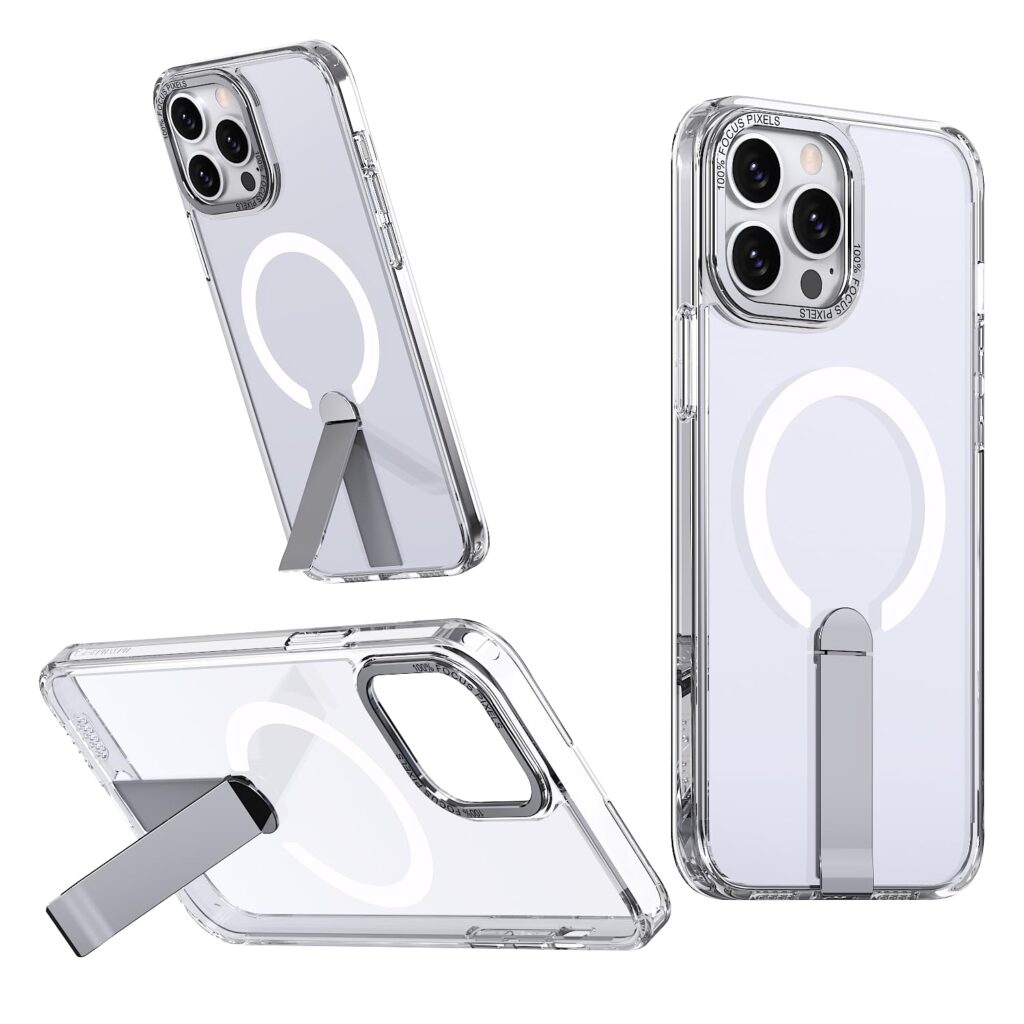 KLD Clear Back Case for Apple iPhone 13 Pro Max Shockproof Phone Bumper Cover Anti-Scratch Clear with Extra Camera Protection & Kickstand for Media Viewing