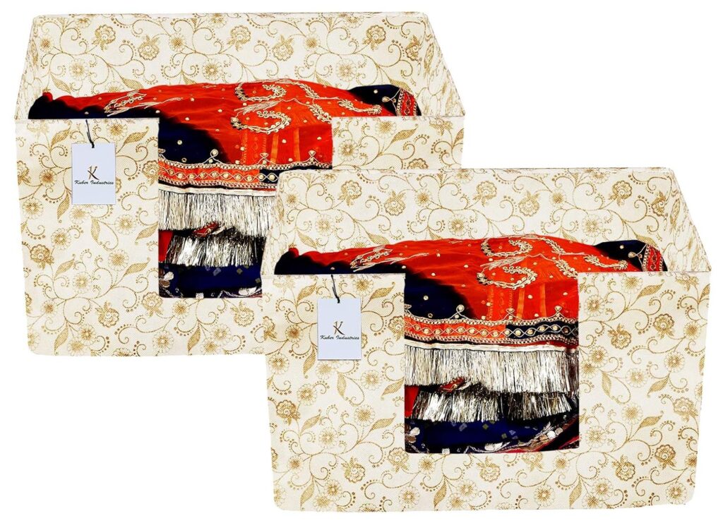 Kuber Industries Metallic Print 2 Pieces Large Capacity Space Saver Closet, Stackable and Foldable Saree, (Brown) CTKTC134558