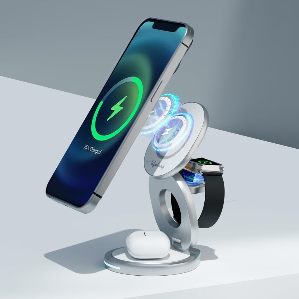 Lifelong Zerocord Wireless Charger 23 W 3 in 1 Foldable Magsafe Charger for iPhone 15/14/13/12 Series, Apple Airpods, Apple Watch, Fast Charging, 3 Outputs, Led Indicator, Silver