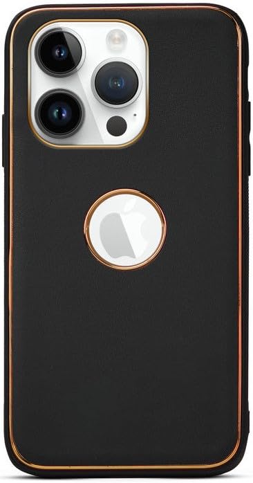 Mr. Case Luxury Leather Texture Back Cover for iPhone 13 Pro Max | Golden Finish Electroplated Frame with Logo Cut | Slim Fit with Camera Protection - Black