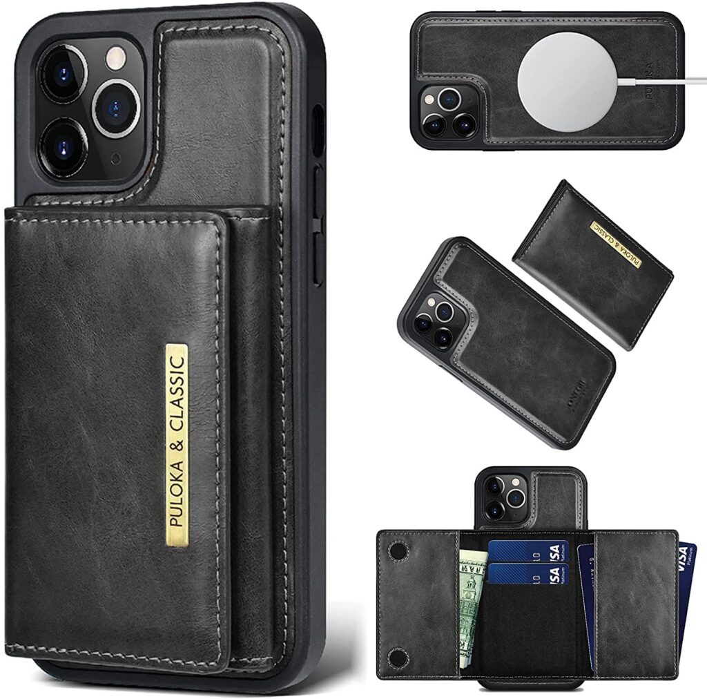PULOKA Wallet Back Case Compatible with iPhone 13 Pro Max Vegan Leather Phone Cover Detachable Card Holder Case with Kickstand - Shockproof, Anti Scratch & Raised Edges for Protection - Black
