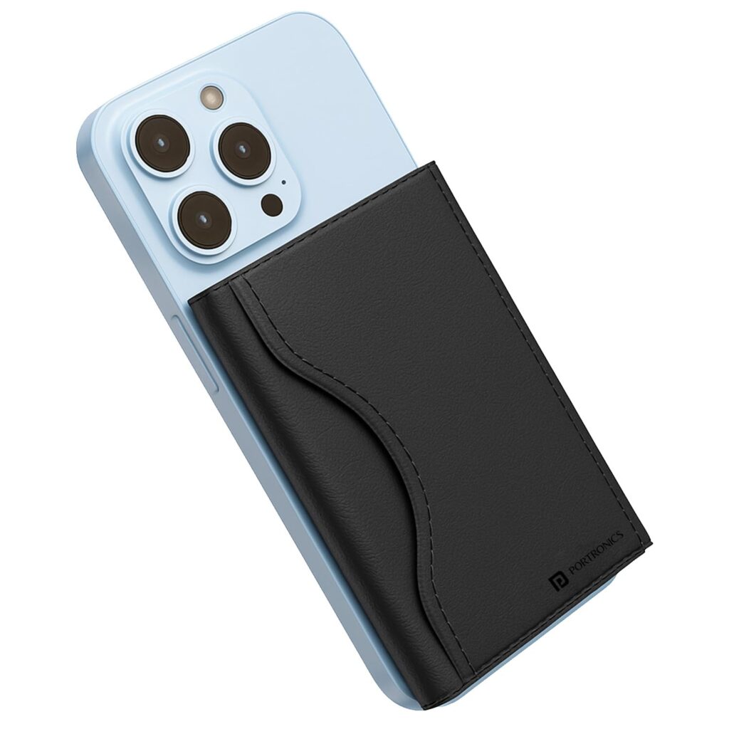 Portronics Wallet X Tri-Fold Magnetic Wallet with 6-Card Holder, RFID Blocking, PU Premium Leather,Ultra Slim Design, Compatible with iPhone 16/15/14/13/12 & Metal Ring for Non Magnetic Phone(Black)