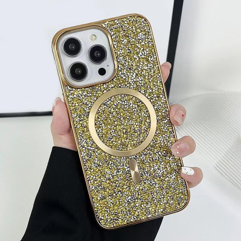 Premium Glitter Mag-Safe Case for iPhone 13 Pro Max | Shockproof Protection | Stylish Crystal Design | Slim Fit | Anti-Scratch Cover - Gold