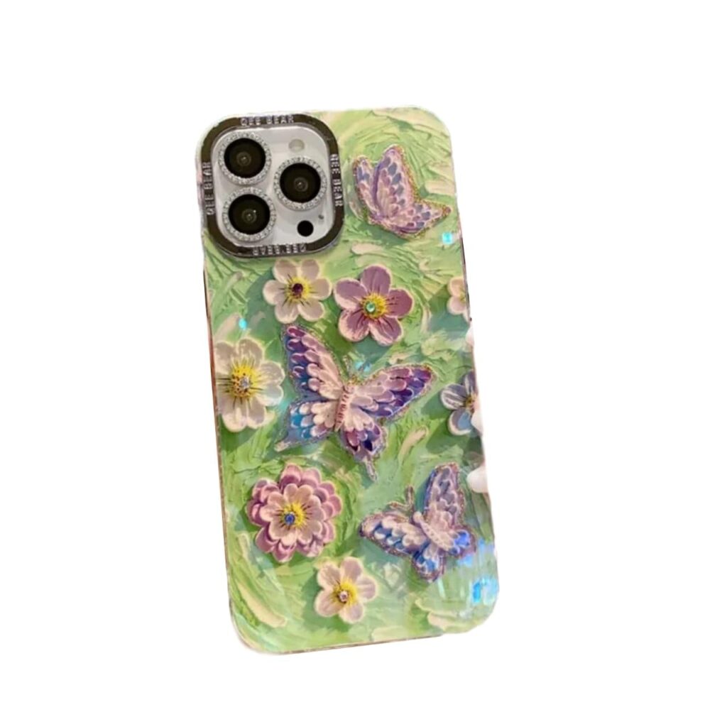 Premium Rhinestone Oil Painting Flower Butterfly Phone Case iPhone Case | Shockproof TPU Cover for iPhone 13/14/15 (14 - Pro Max) (iPhone 15) Green