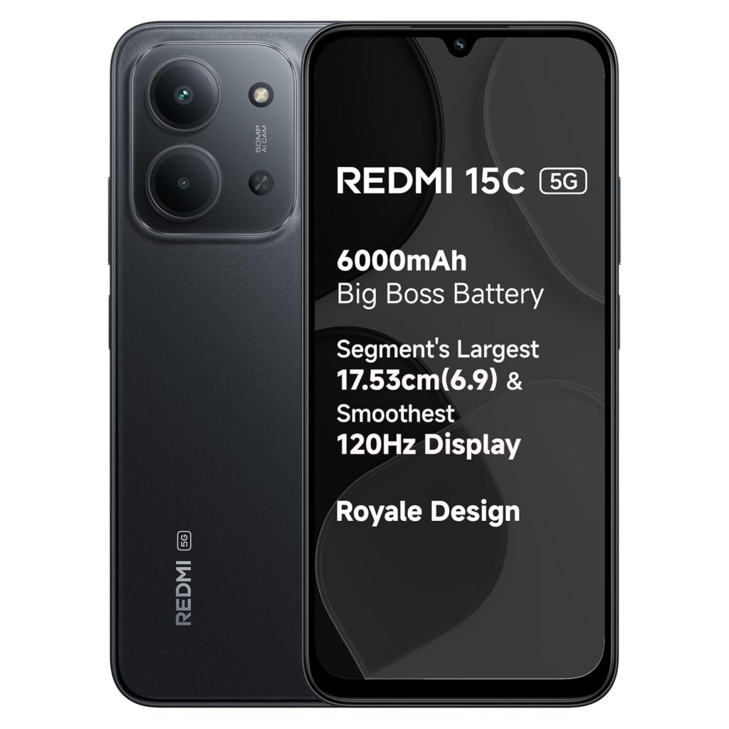 REDMI 15C 5G Midnight Black 4GB + 128GB | Royale Design | Massive 6000mAh Battery | Segment's Largest 17.53cm Display Up to 120Hz | MediaTek Dimensity 6300 | 33W Fast Charging | 50MP AI Dual Camera