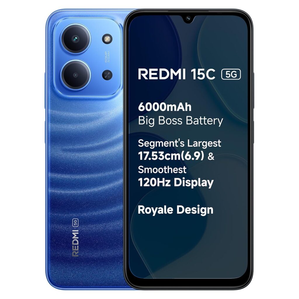 REDMI 15C 5G Moonlight Blue 4GB + 128GB | Royale Design | Massive 6000mAh Battery | Segment's Largest Display 17.53cm Up to 120Hz | MediaTek Dimensity 6300 | 33W Fast Charging | 50MP AI Dual Camera