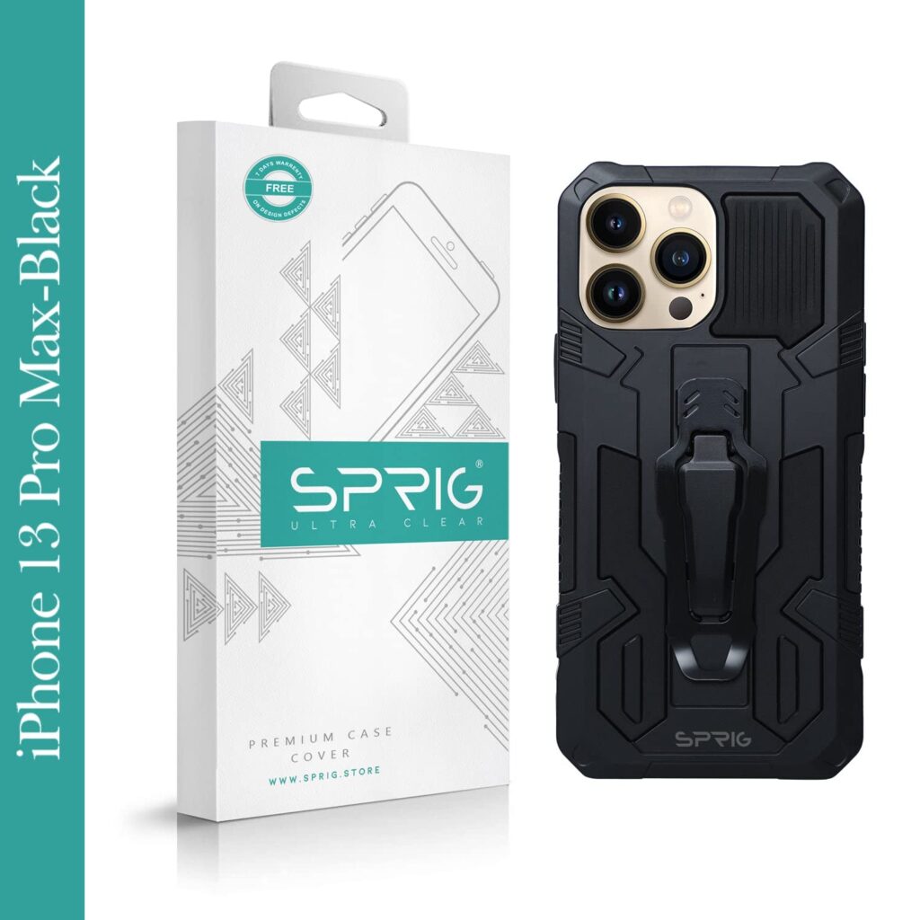 SPRIG Compatible with Apple iPhone 13 Pro Max Phone Armor Case with Clip Premium Back Cover Drop Tested Shock Proof Mobile Case for Men, Women, Boys and Girls with Camera Protection (Black)