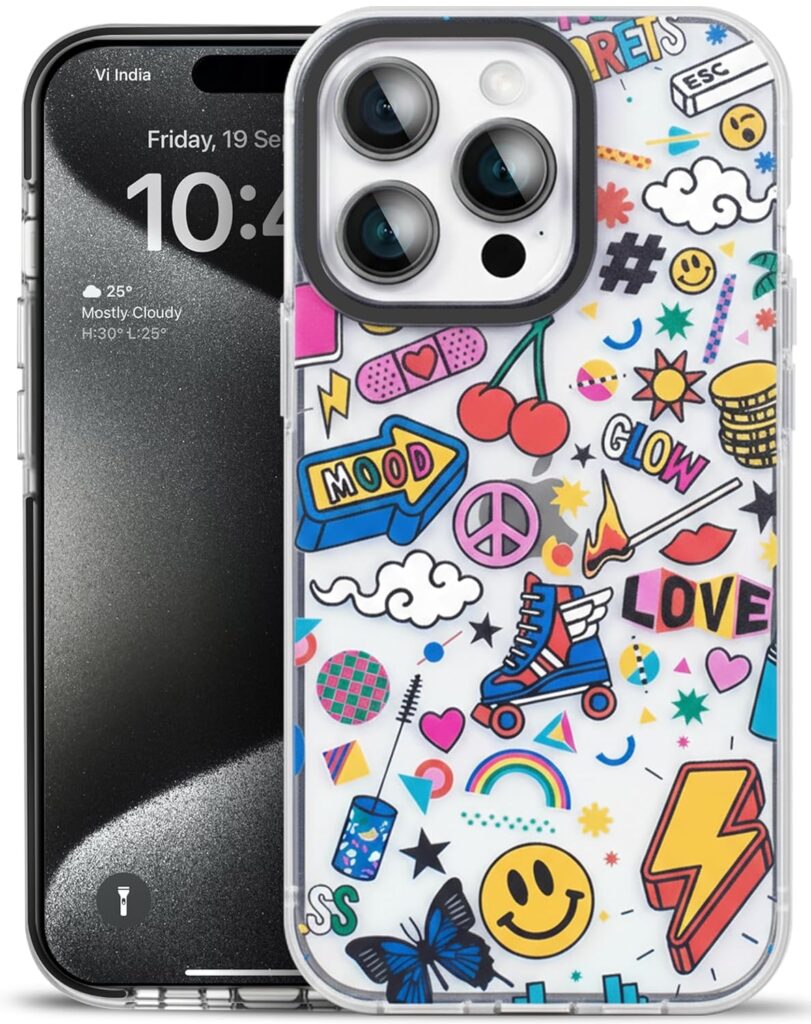 SQUIF Silicone Transparent Soft TPU Design Art Printed Back Cover Case for iPhone 15 Pro | Ultra Hybrid Camera Bump Protection - Multicolor