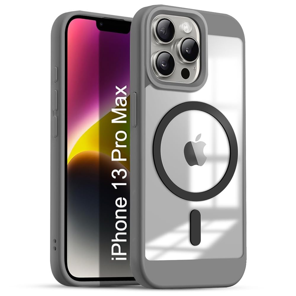 Shockproof Mag-Safe Clear Case for iPhone 13 Pro Max | Transparent Hard PC Back + Soft TPU Edges | Camera Protection | Slim Fit - Grey