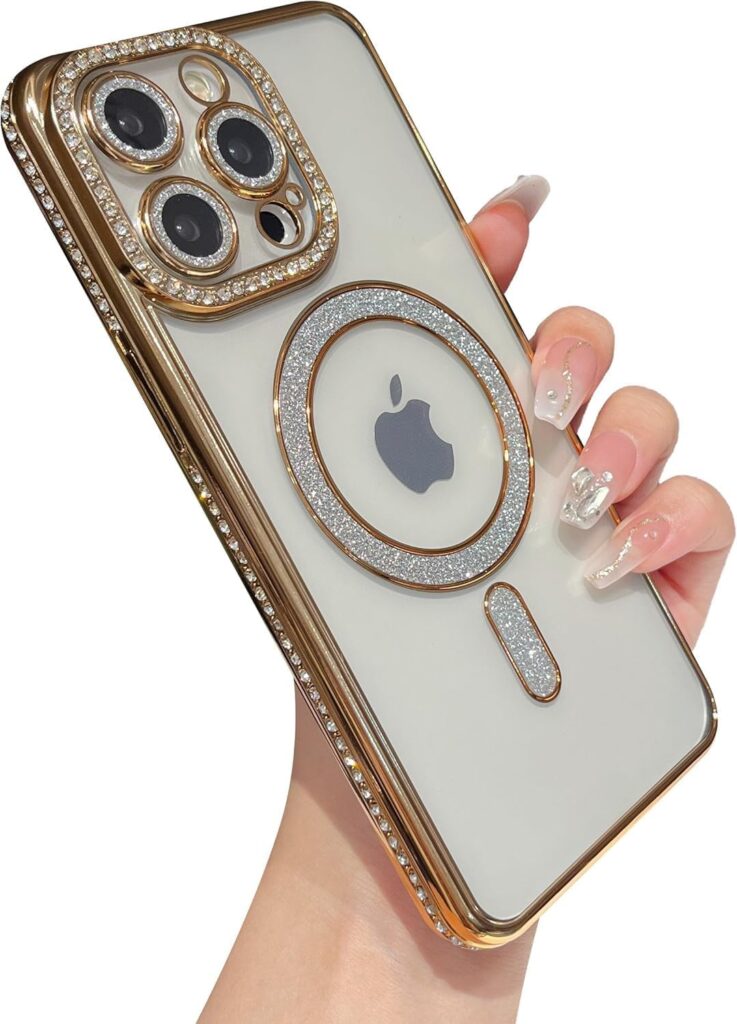 Soomio Clear Magnetic Diamond Glitter Case for iPhone 13 Pro Max Case with Full Camera Protection Rhinestone Luxury Plating Bling Transparent Shockproof for Magsaf Women Girls Cute Cover (Gold)