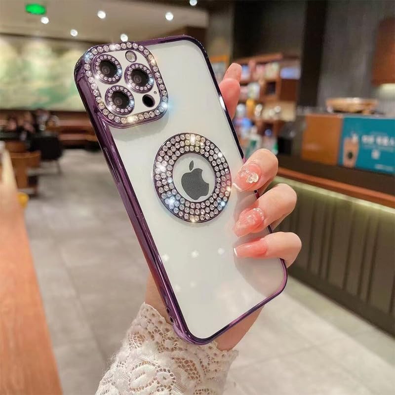 Sparkling Crystal Clear Case for iPhone 13 Pro Max | Logo Cut | Soft Protective TPU Case | Diamond Camera Lens Protector - Purple