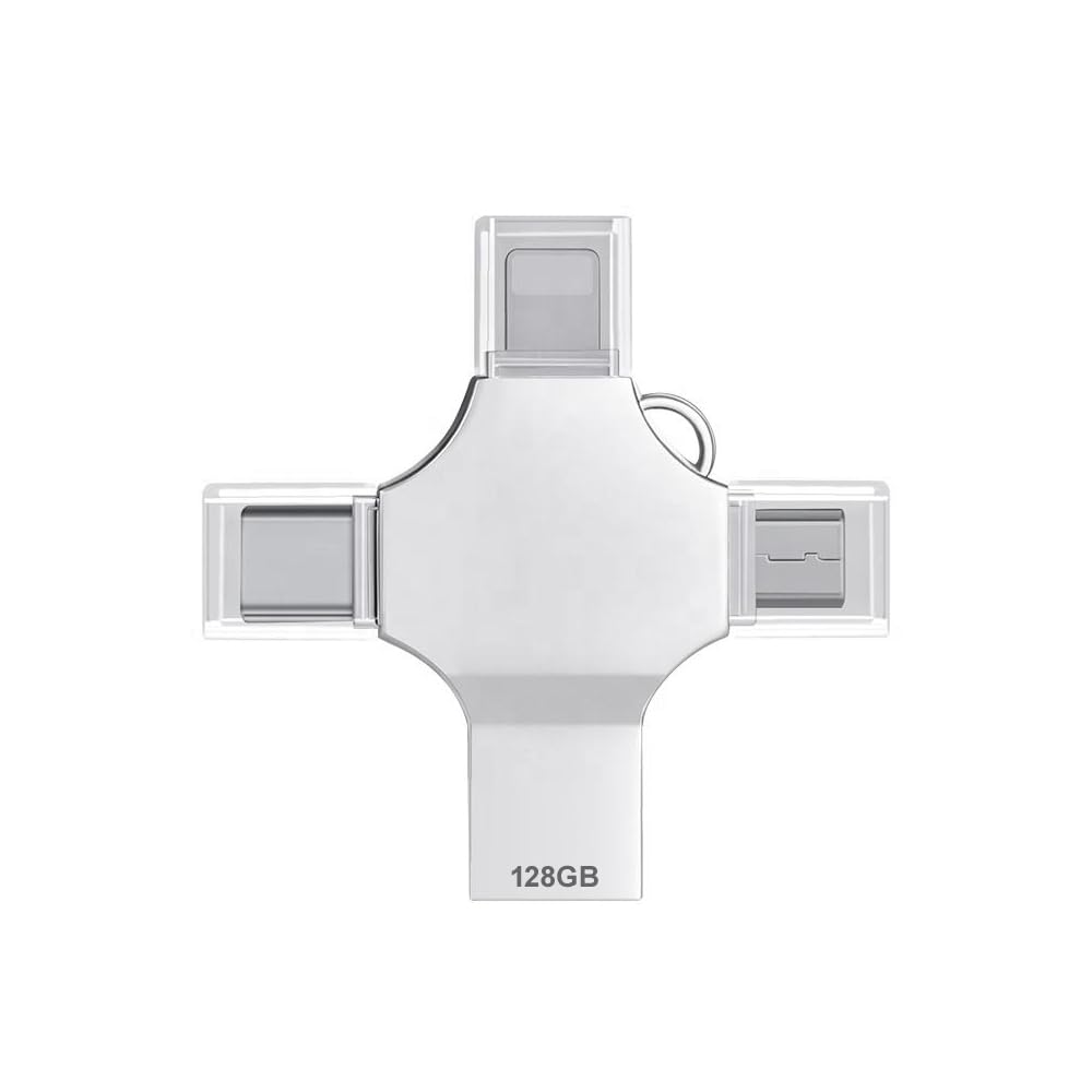 TECHNOVIEW Flash Drive 128GB 4 in 1 Pendrive with Light-ning, Micro USB, USB A, Type-C Interface Mini Hangable Pen Drive for iOS & Android Compatible with Phone, Pad, Android, PC and More Devices