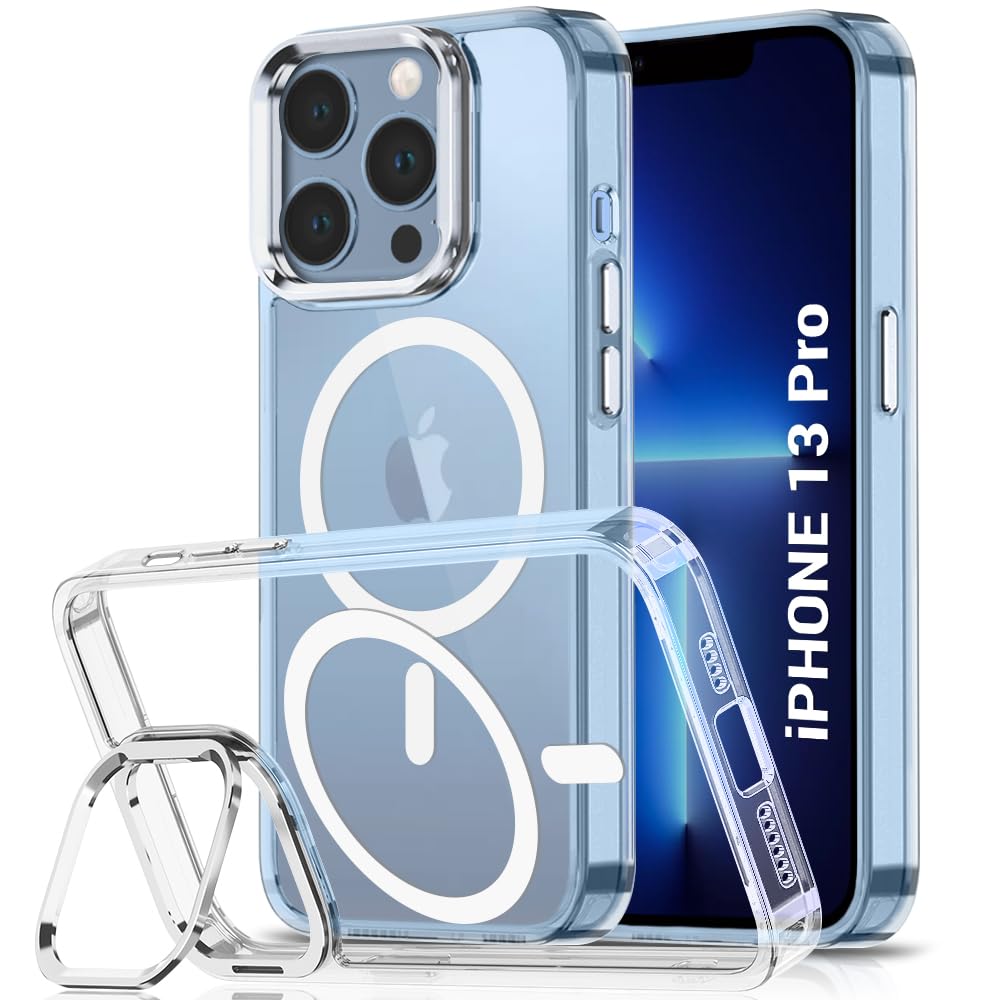 TheGiftKart Hybrid Back Cover Case for iPhone 13 Pro Compatible with MagSafe | Built-in Stand | Shockproof Hard Case Cover for iPhone 13 Pro (PC & TPU, Clear Back, Transparent Sides)