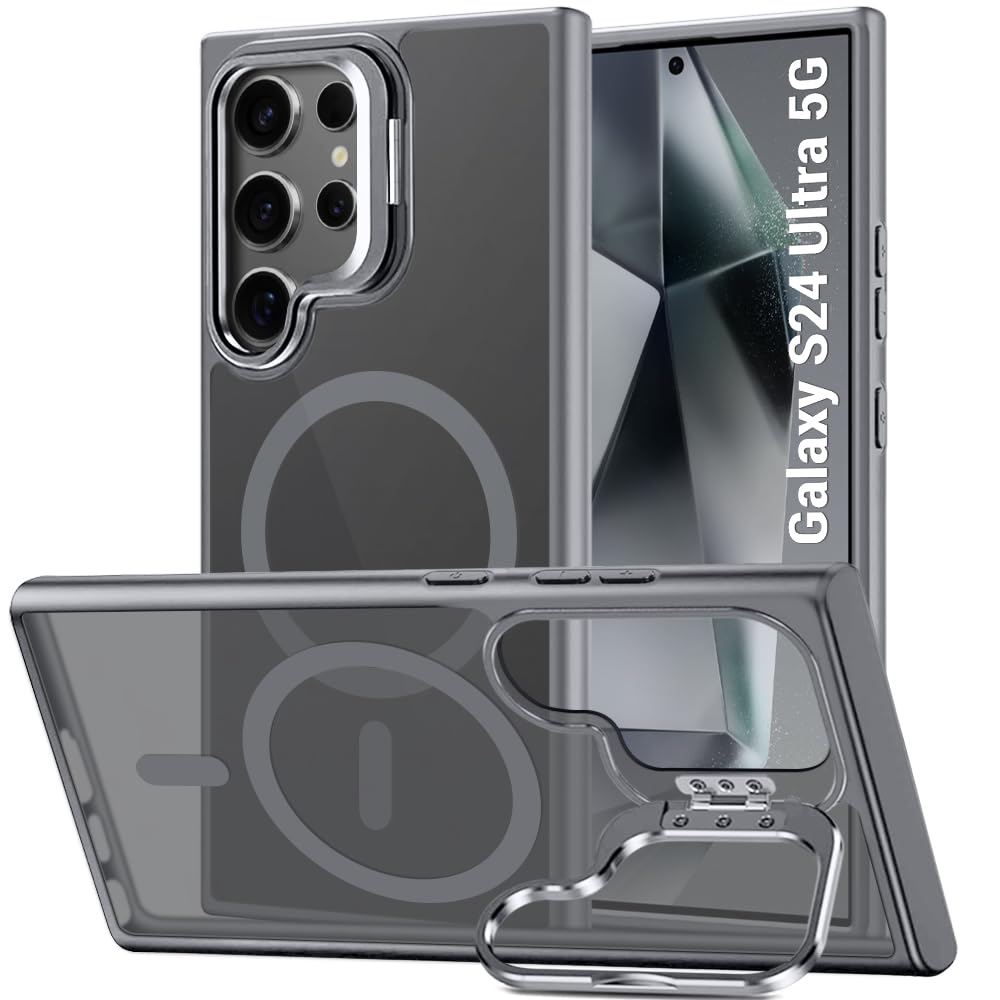 TheGiftKart Hybrid Shockproof Back Cover Case for Samsung Galaxy S24 Ultra 5G | Hard Case for Samsung S24 Ultra (PC & TPU, MagSafe Compatible, Built-in Stand, Translucent Grey Back, Grey Sides)