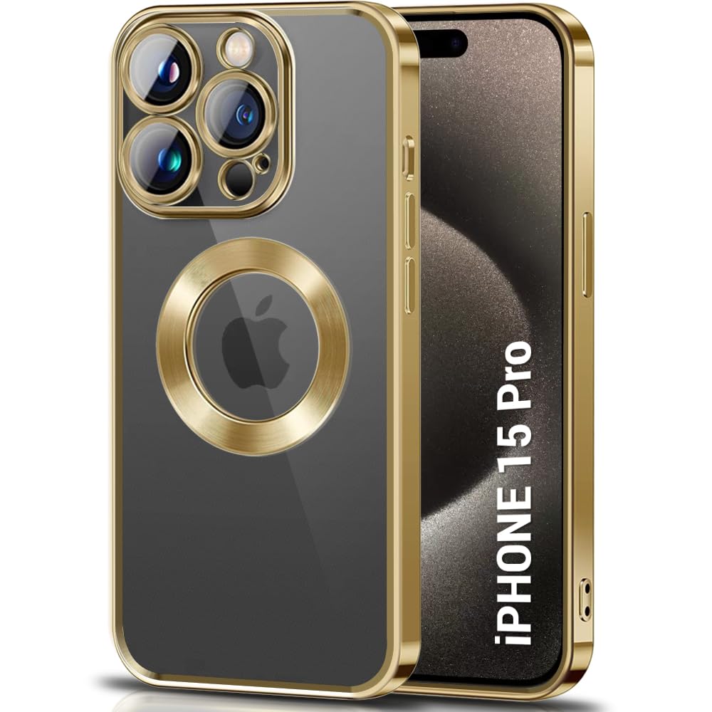 TheGiftKart TPU Luxurious Chrome-Plated Back Cover Case For Iphone 15 Pro|Camera&Screen Protection|Shockproof Design|Stylish Transparent Back Cover Case For Iphone 15 Pro(Golden Bumper)