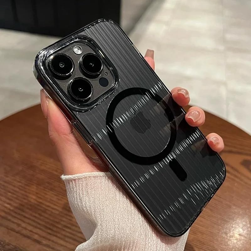 Transparent Stripe Pattern Mag-Safe Case for iPhone 13 Pro Max | Shockproof Slim Clear TPU Cover with Magnetic Ring for Wireless Charging - Black