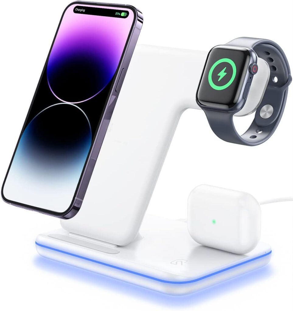 UNIGEN UNIDOCK 3in1 Fast Wireless Charger for iPhone 17/16/15/14/13/12/11 Series/SE/XS/XS Max/XR/X/8/8 Plus, Charging Stand for Apple Watch 10/9/SE/8/7/6/5/4/3/2/Ultra and Pods Pro/3/2-White