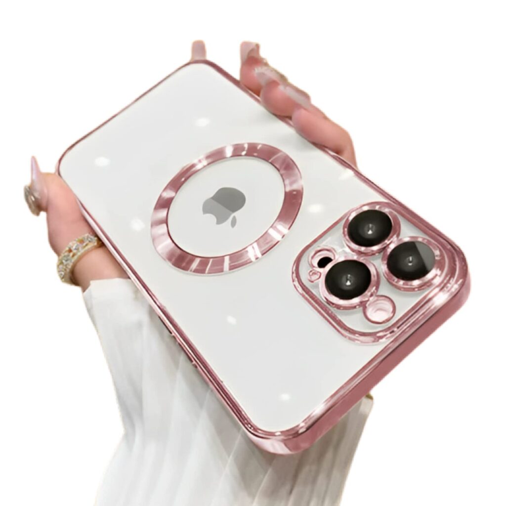 VONZEE Clear Logo Electroplating Transparent Case for iPhone 13 Pro Max Case, Luxury Electroplated TPU Cover, Individual Camera Protection for Each Lens Bumper Case (6.7 Inch, Rose Pink)