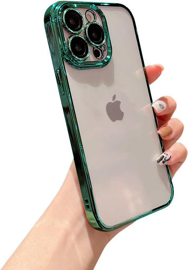 VONZEE® Compatible with iPhone 14 Pro Case 6.1 inch, Luxury Electroplated Soft Edge Bumper Case, Full Camera Protection & Reinforced Corners Shockproof Case Cover|Transparent|Dark Green