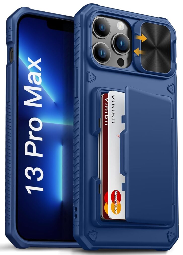 Vihibii for iPhone 13 Pro Max, iPhone 12 Pro Max Back Cover with Card Holder (4 Cards) [RFID Blocking] & Slide Camera Cover, Military Grade Protection, Rugged Back & Silicone Edge Case, 6.7",Blue