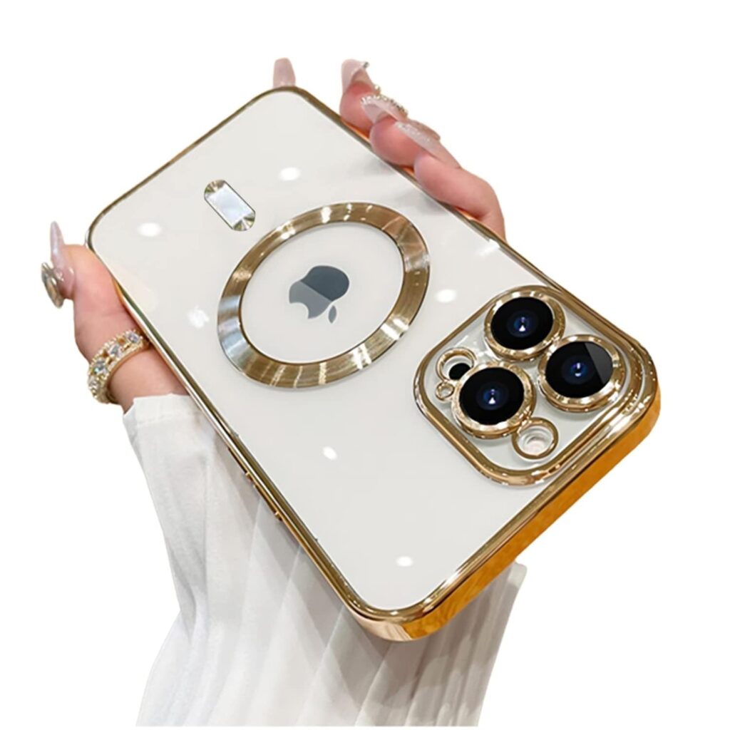 Vonzee Thermoplastic Polyurethane Electroplating Transparent Logo Cover For Iphone 13 Pro Max Case 6.7 Inch, For Magsafe, Full Body & Individual Camera Protection For Each Lens For Men & Women (Gold)