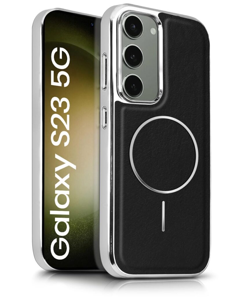WOW IMAGINE Leather Finish Back Case Mobile Cover for Samsung Galaxy S23 5G – Magsafe Design | Raised Edges | Ultra Slim & Lightweight | Non-Slip Grip Shockproof | Electroplated Sides Case – Black