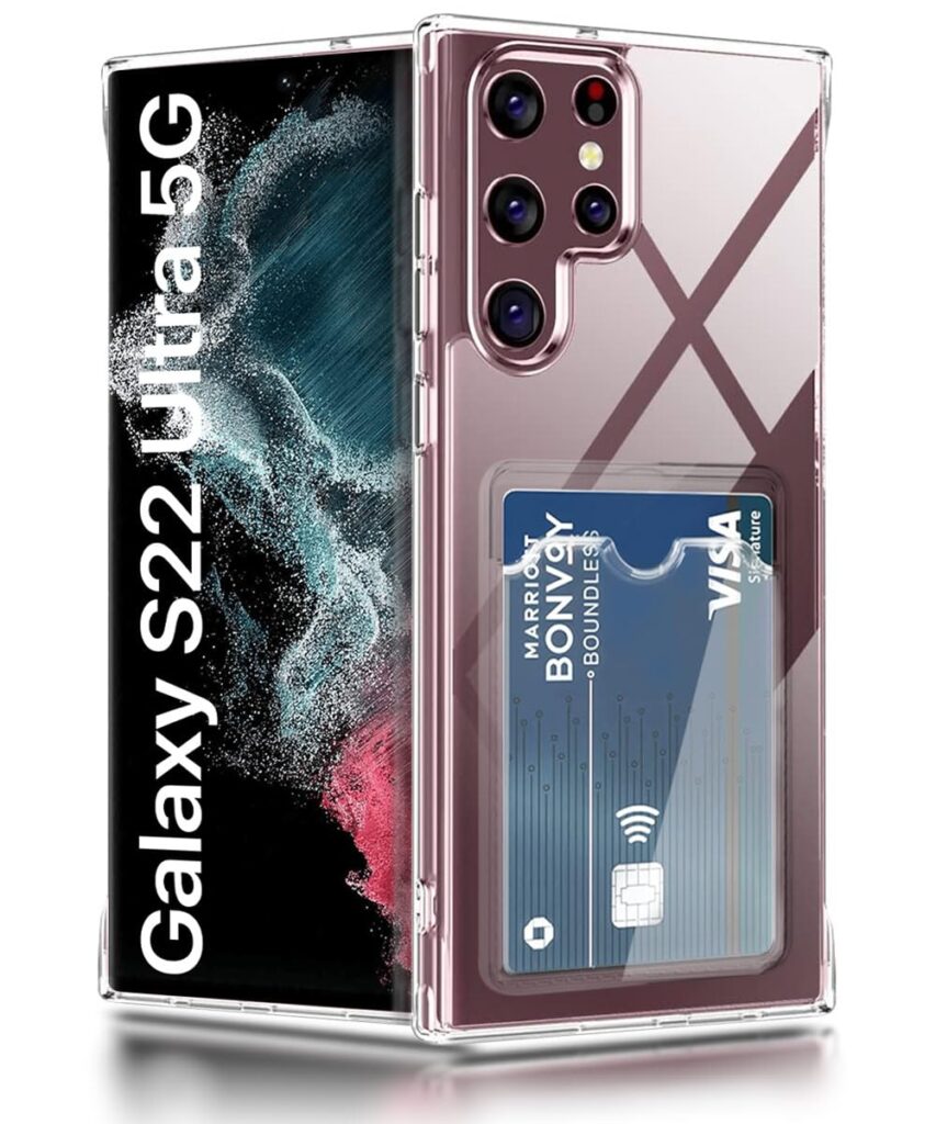 WOW IMAGINE Transparent Back Cover Case for Samsung Galaxy S22 Ultra 5G | Flexible Built-in Slim Card Pockets Wallet | 360° Camera Protection TPU | Soft Silicone Mobile Cover - Transparent