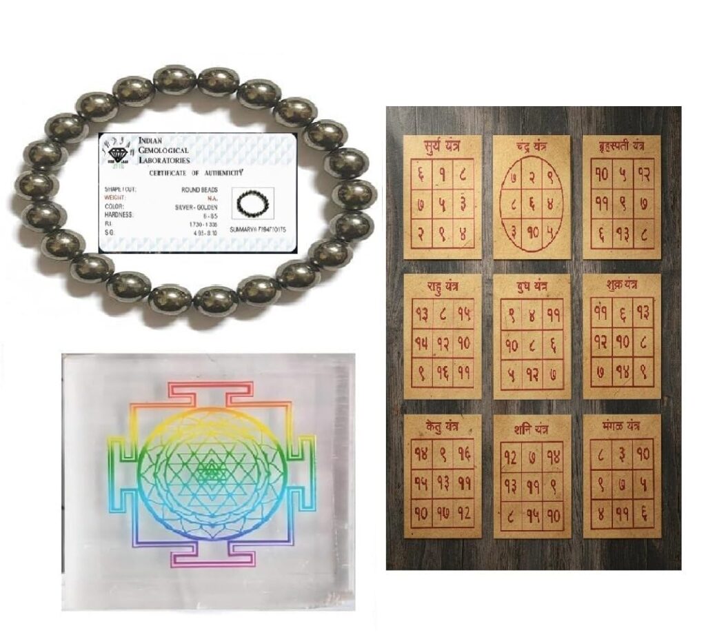 Wealth Solution | Certified Pyrite Bracelet | Trustworthy Pyrite for Men and Women | Navgrah Yantra On Rare Bhojpatra | Selenite Plate For Energized Bracelet | Spiritual Energy Gift Pack