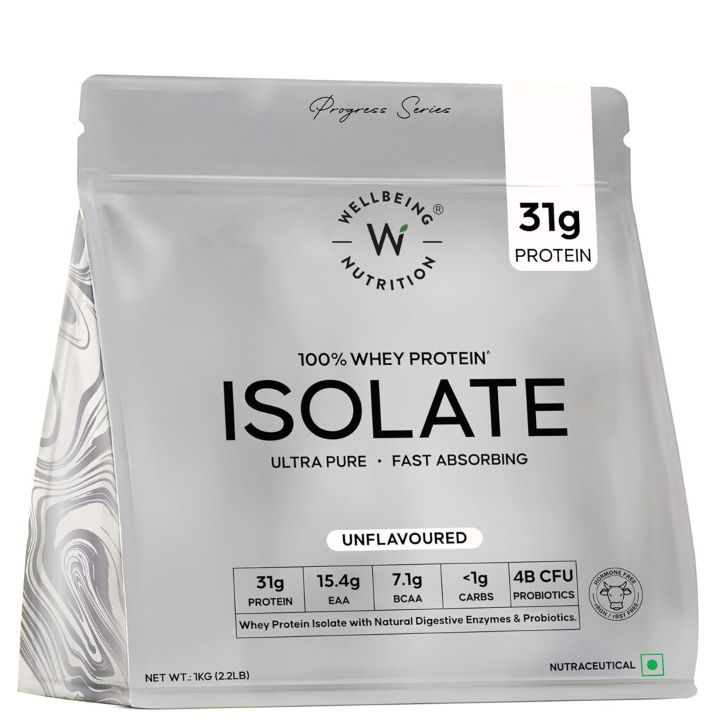 Wellbeing Nutrition Whey Protein Isolate 1kg Unflavoured | 31g Protein, 7.1g BCAA | 4B CFU Probiotics & Natural Digestive Enzymes | Fast Absorbing, No Bloating, Easy to Digest | Faster Muscle Recovery
