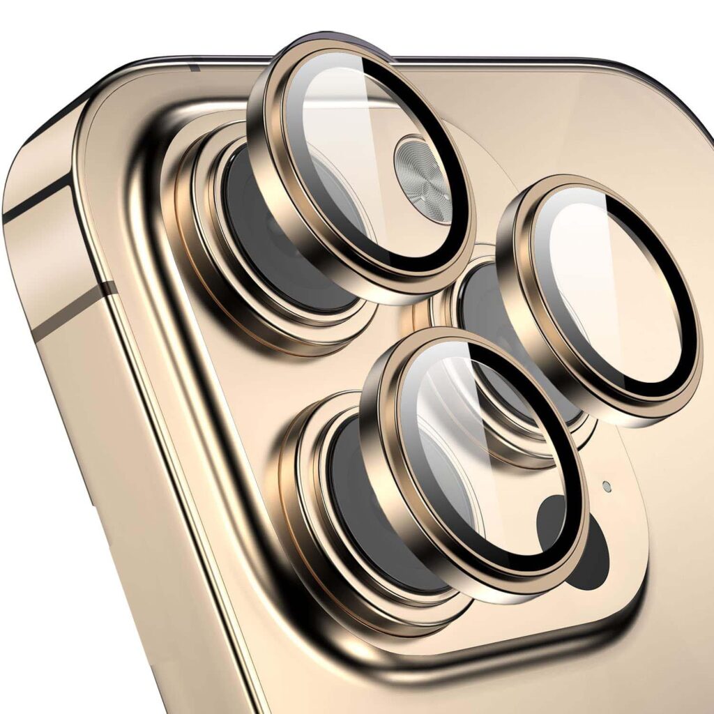 XIVY Premium 9H Tempered Glass Camera Lens Protector for iPhone 13 Pro/iPhone 13 Pro Max – Flash Friendly, Ultra-Strong, Anti-Scratch, HD Clarity, Metal Ring Design, Scratchproof - Gold