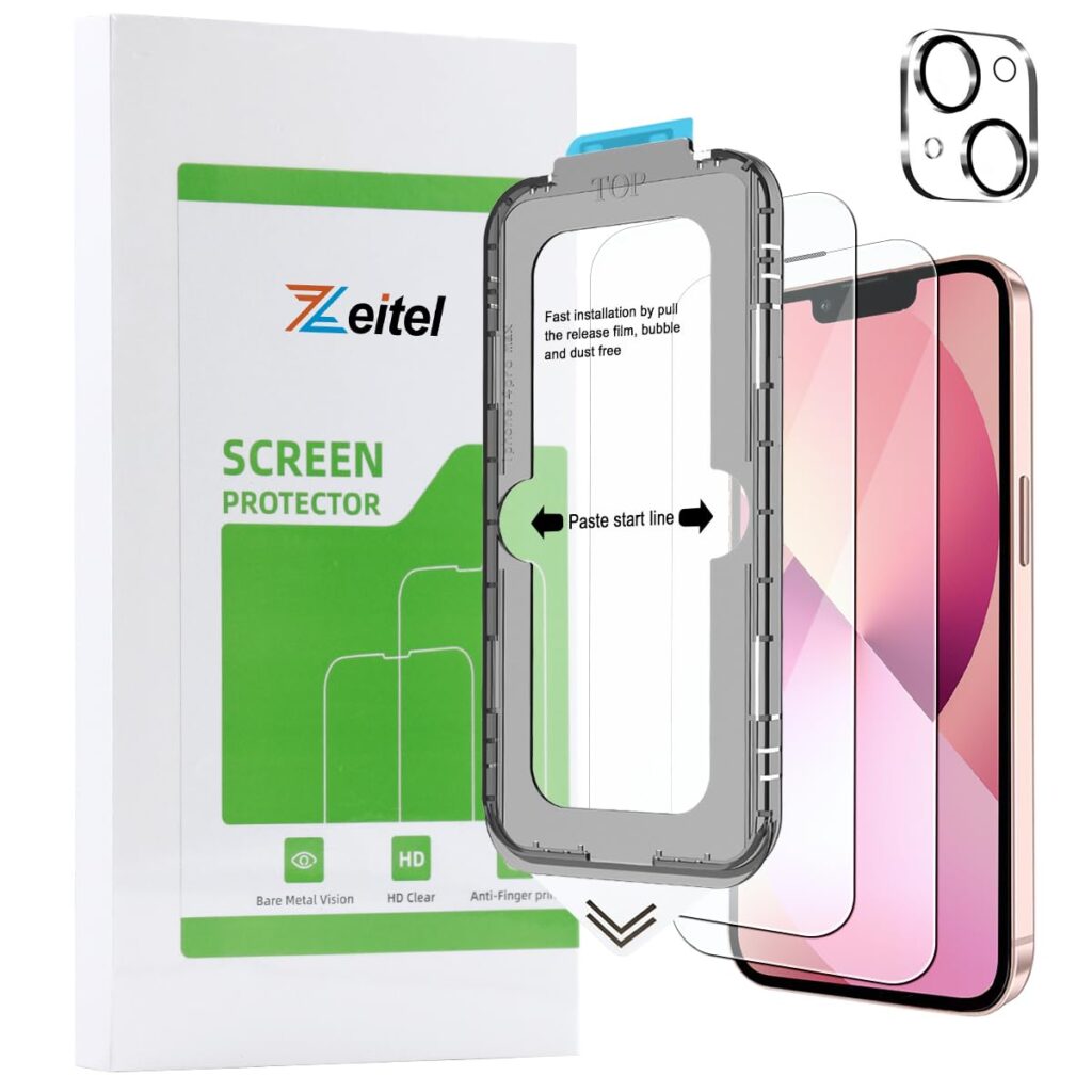 ZEITEL ® Tempered Glass Screen Protector for iPhone 13 with Anti Fingerprint, Easy Installation Kit, HD Clarity, Full Coverage, 2 Pack Scratch Resistant Screen Protectors & 1 Lens Protector