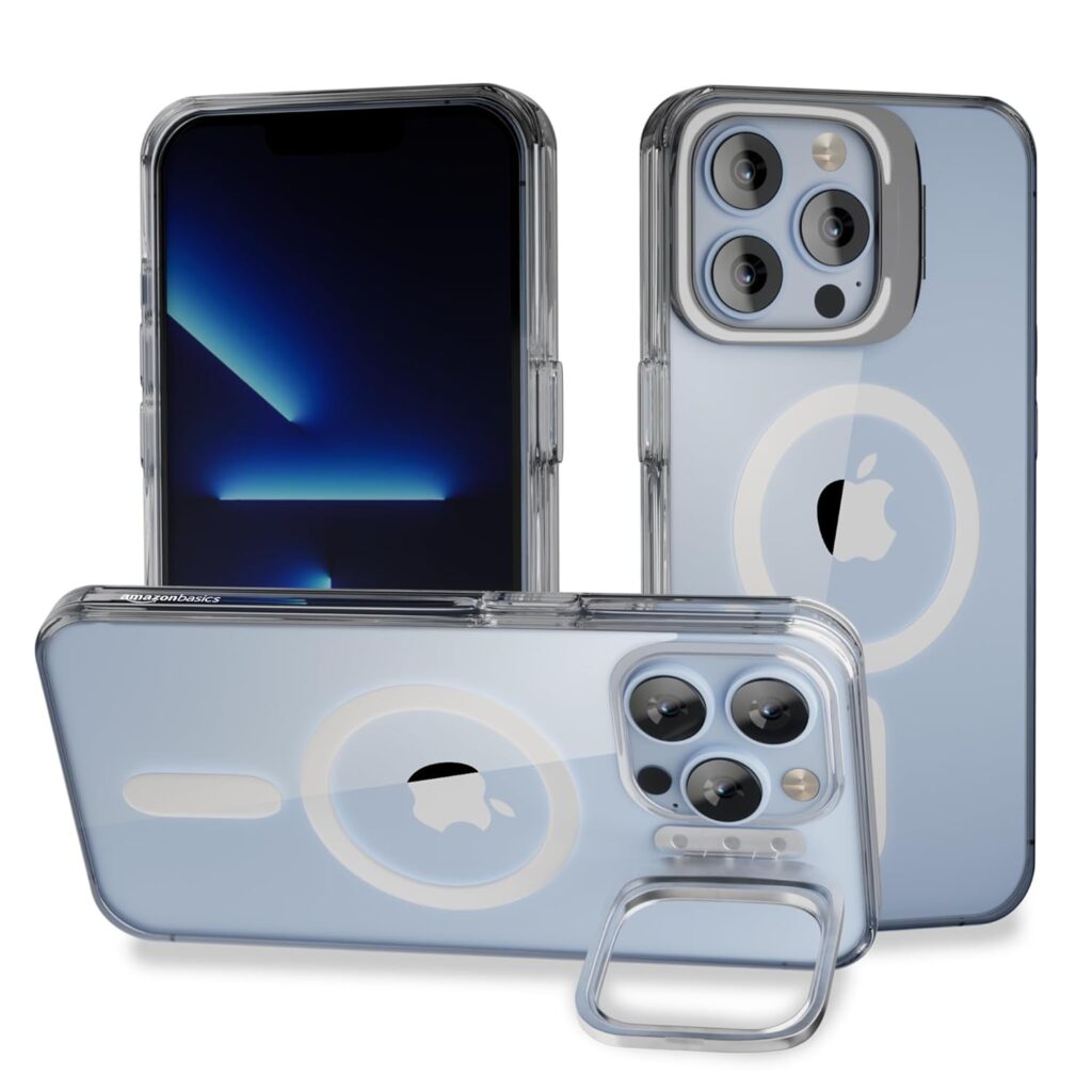 amazon basics Camera Kickstand Pro Hybrid Case Compatible with iPhone 13 PRO MAX - (TPU + Poly Carbonate | Transparent)